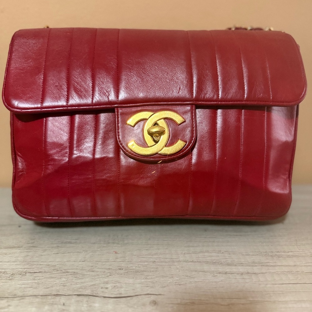 Rare Chanel Red Lambskin Jumbo Flap Bag
